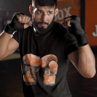 Orange Gloves Laced Tied Pair boxing t-shirt in black, sparring shot