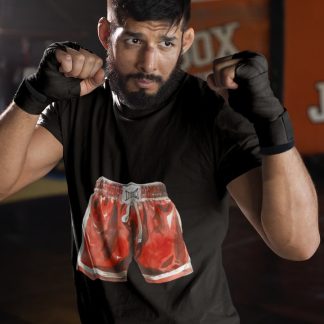 Red Boxing Shorts Glossy boxing t-shirt in black, sparring shot