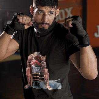 Fighter Seated Contemplating Shirtless boxing t-shirt in black, sparring shot