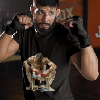 Fighter Seated Gold Belt Red Gloves boxing t-shirt in black, sparring shot