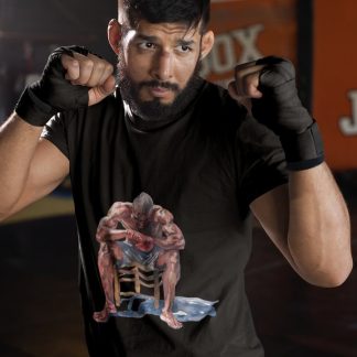 Fighter Seated Wiping Brow boxing t-shirt in black, sparring shot