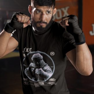 Fight A Foe Space Boxer boxing t-shirt in black, sparring shot