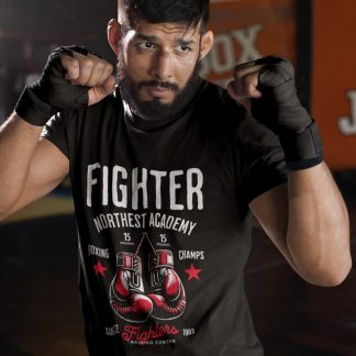 Fighter Northwest Academy boxing t-shirt in black, sparring shot