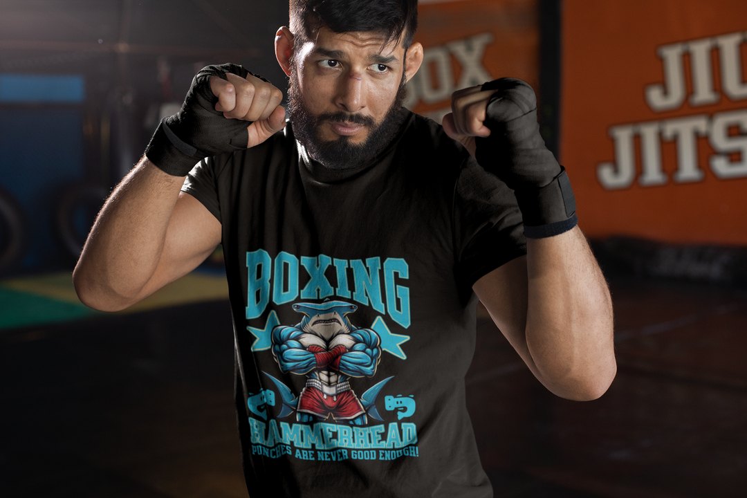 Hammerhead Shark Boxing Fighter boxing t-shirt in black, sparring shot