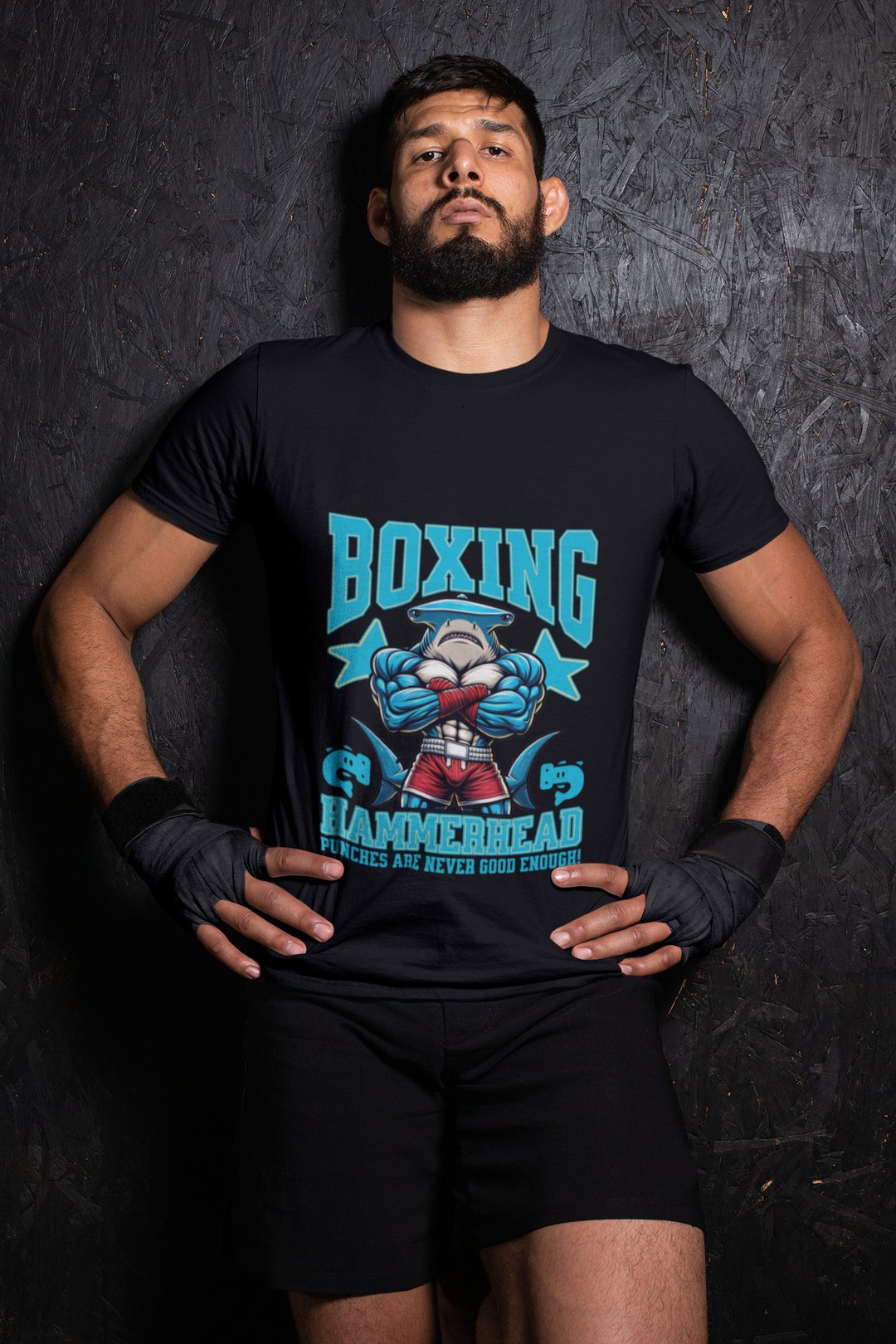Hammerhead Shark Boxing Fighter boxing t-shirt in black, wrestler shot