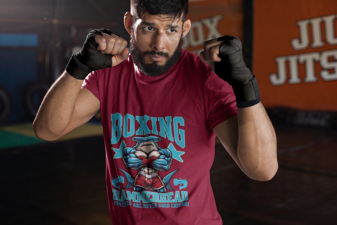 Hammerhead Shark Boxing Fighter boxing t-shirt in burgundy, sparring shot