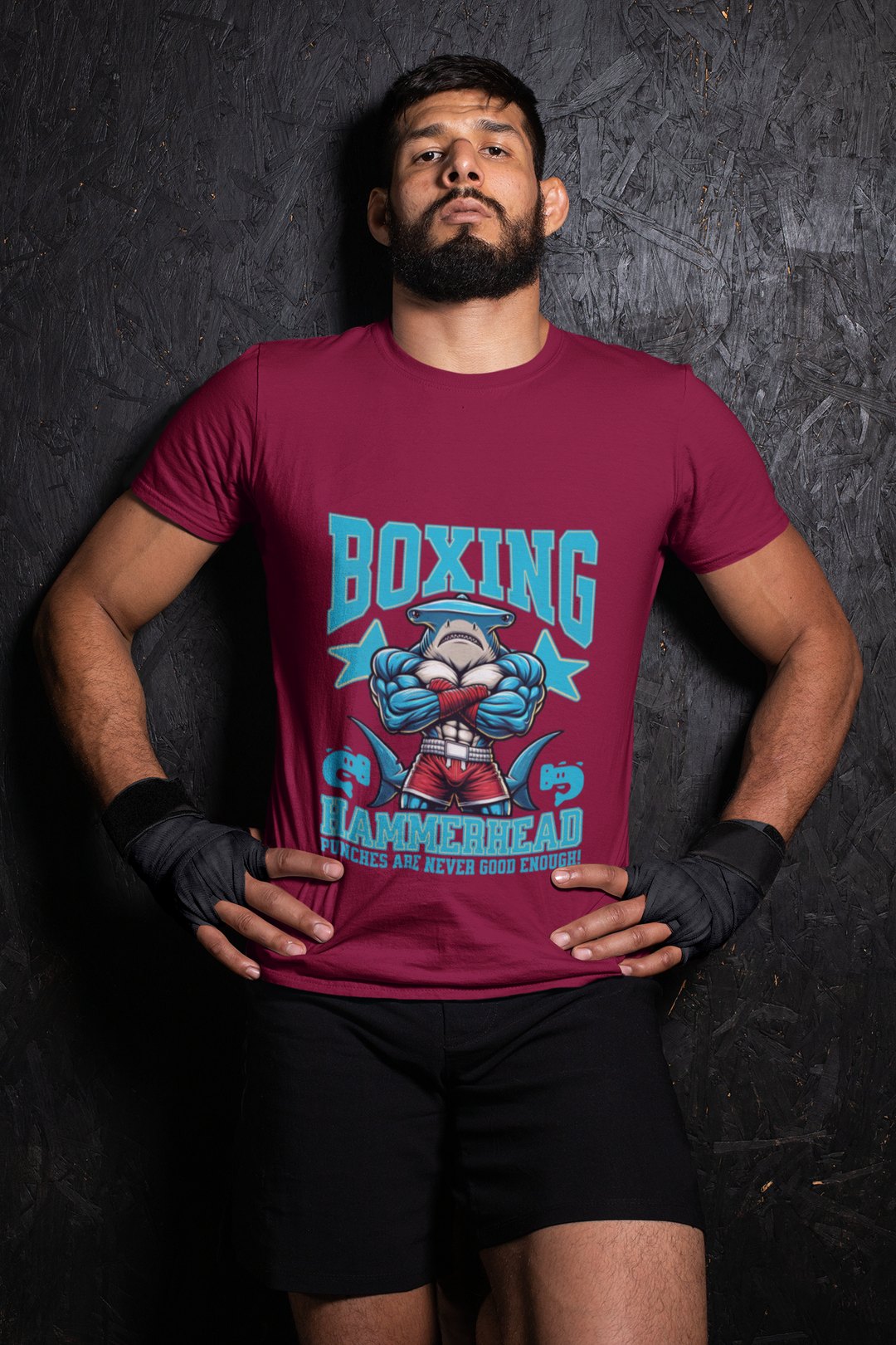 Hammerhead Shark Boxing Fighter boxing t-shirt in burgundy, wrestler shot