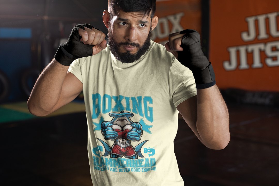 Hammerhead Shark Boxing Fighter boxing t-shirt in cream, sparring shot