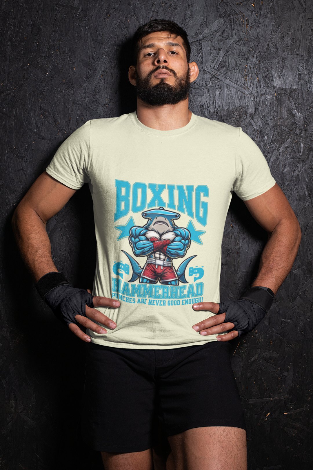Hammerhead Shark Boxing Fighter boxing t-shirt in cream, wrestler shot