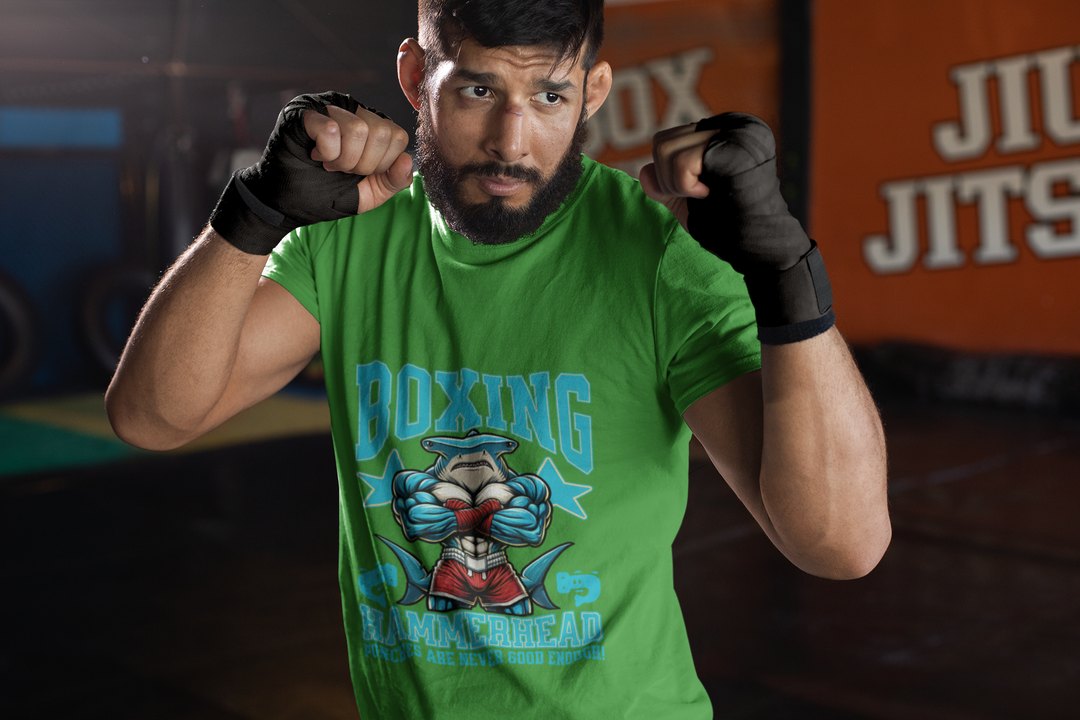 Hammerhead Shark Boxing Fighter boxing t-shirt in forest green, sparring shot