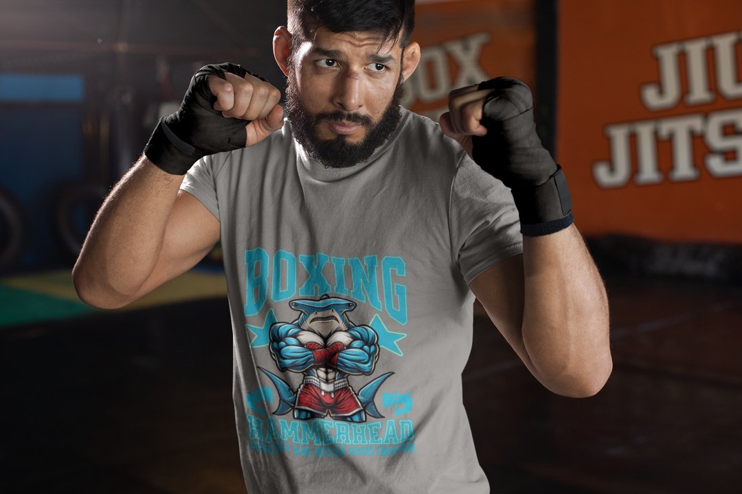 Hammerhead Shark Boxing Fighter boxing t-shirt in grey, sparring shot