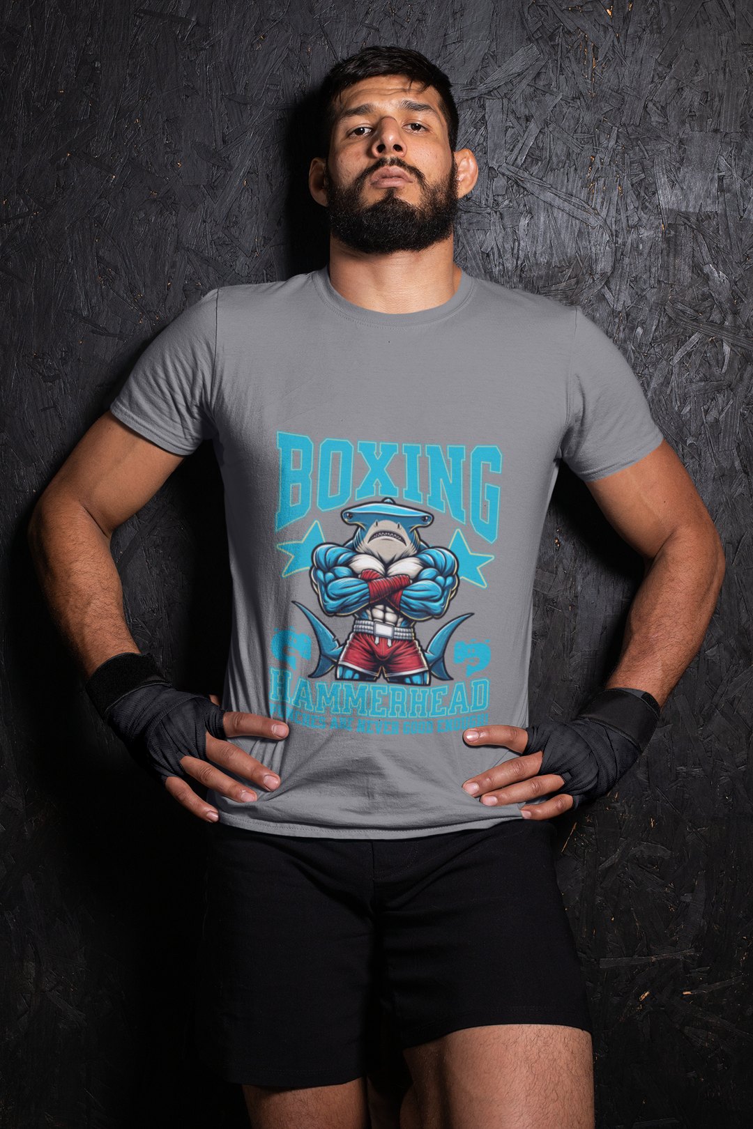Hammerhead Shark Boxing Fighter boxing t-shirt in grey, wrestler shot
