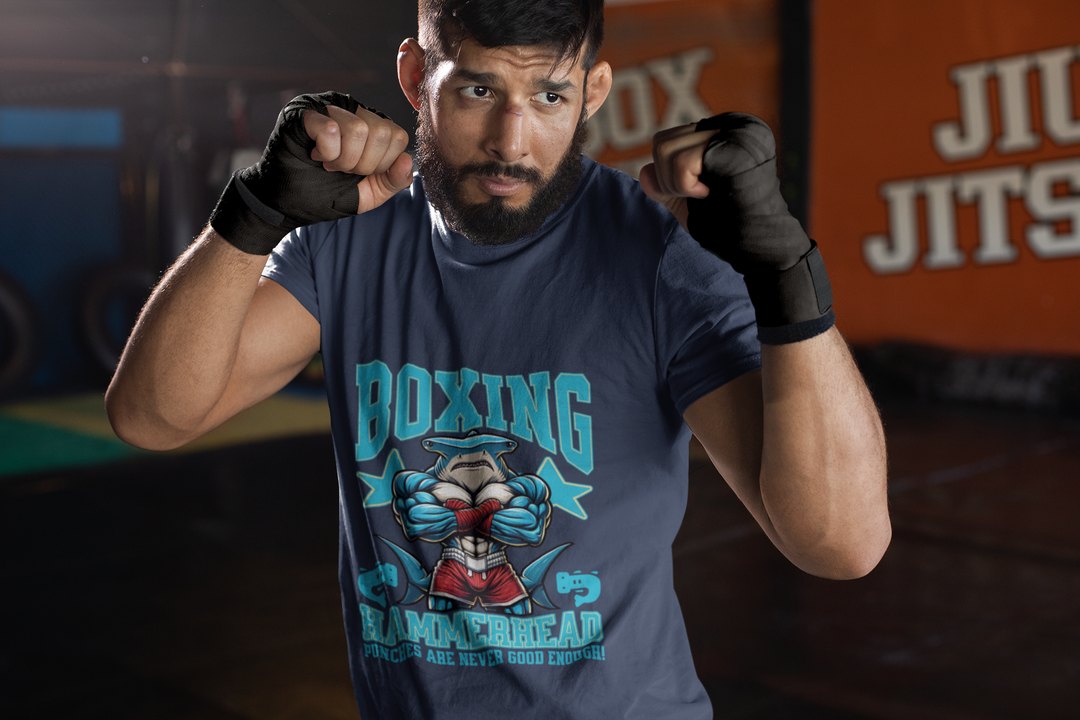 Hammerhead Shark Boxing Fighter boxing t-shirt in navy, sparring shot