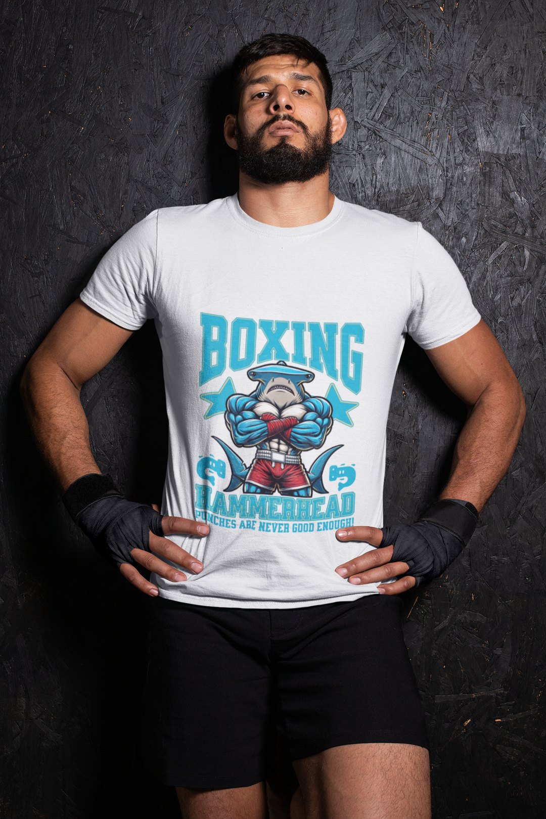 Hammerhead Shark Boxing Fighter boxing t-shirt in white, wrestler shot