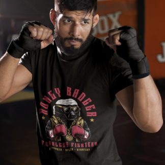Honey Badger Fearless Fighter boxing t-shirt in black, sparring shot