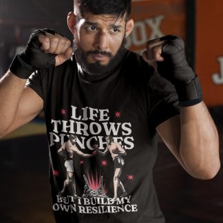 Life Throws Punches Resilience boxing t-shirt in black, sparring shot