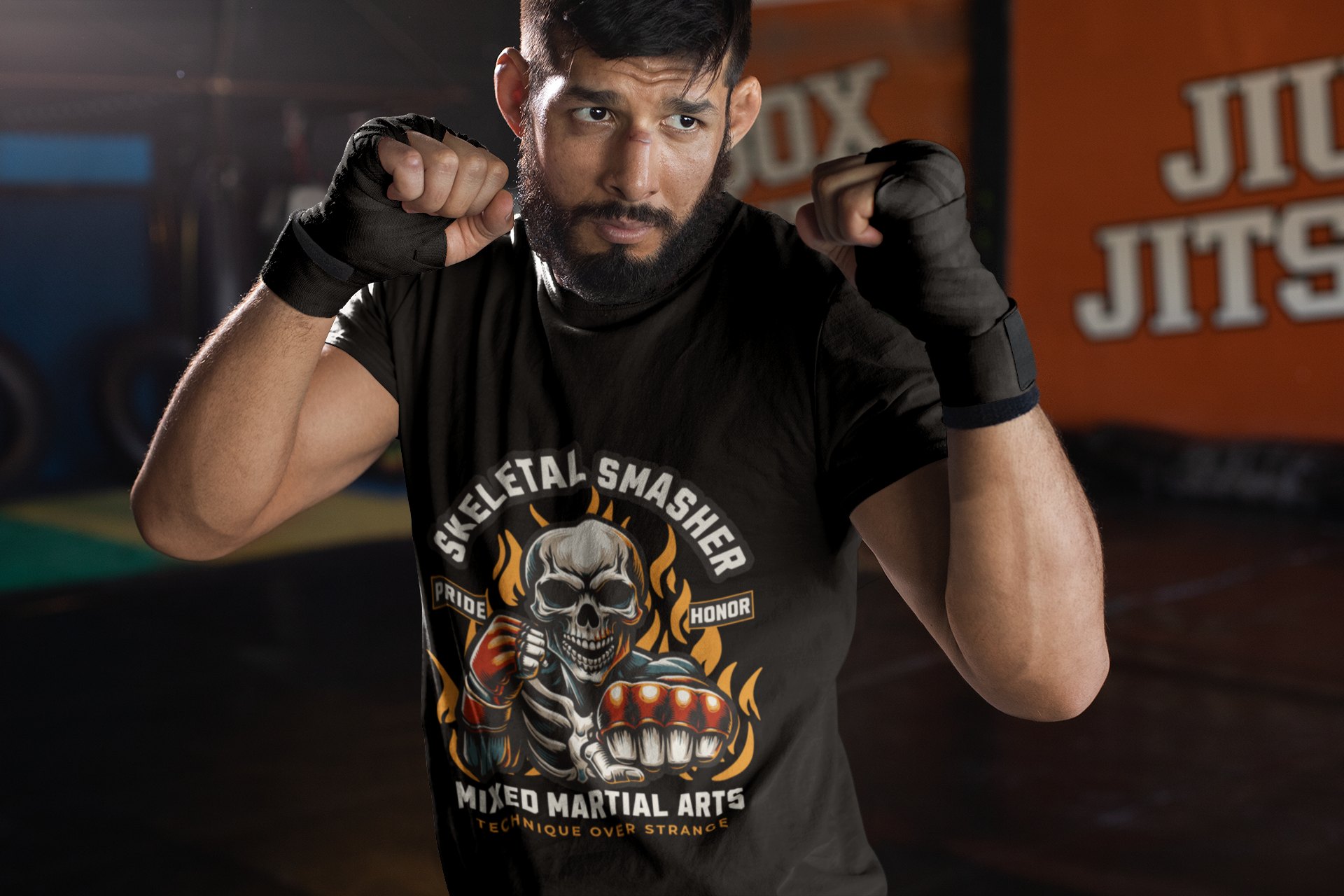 Skeletal Smasher Fight For Glory boxing t-shirt in black, sparring shot