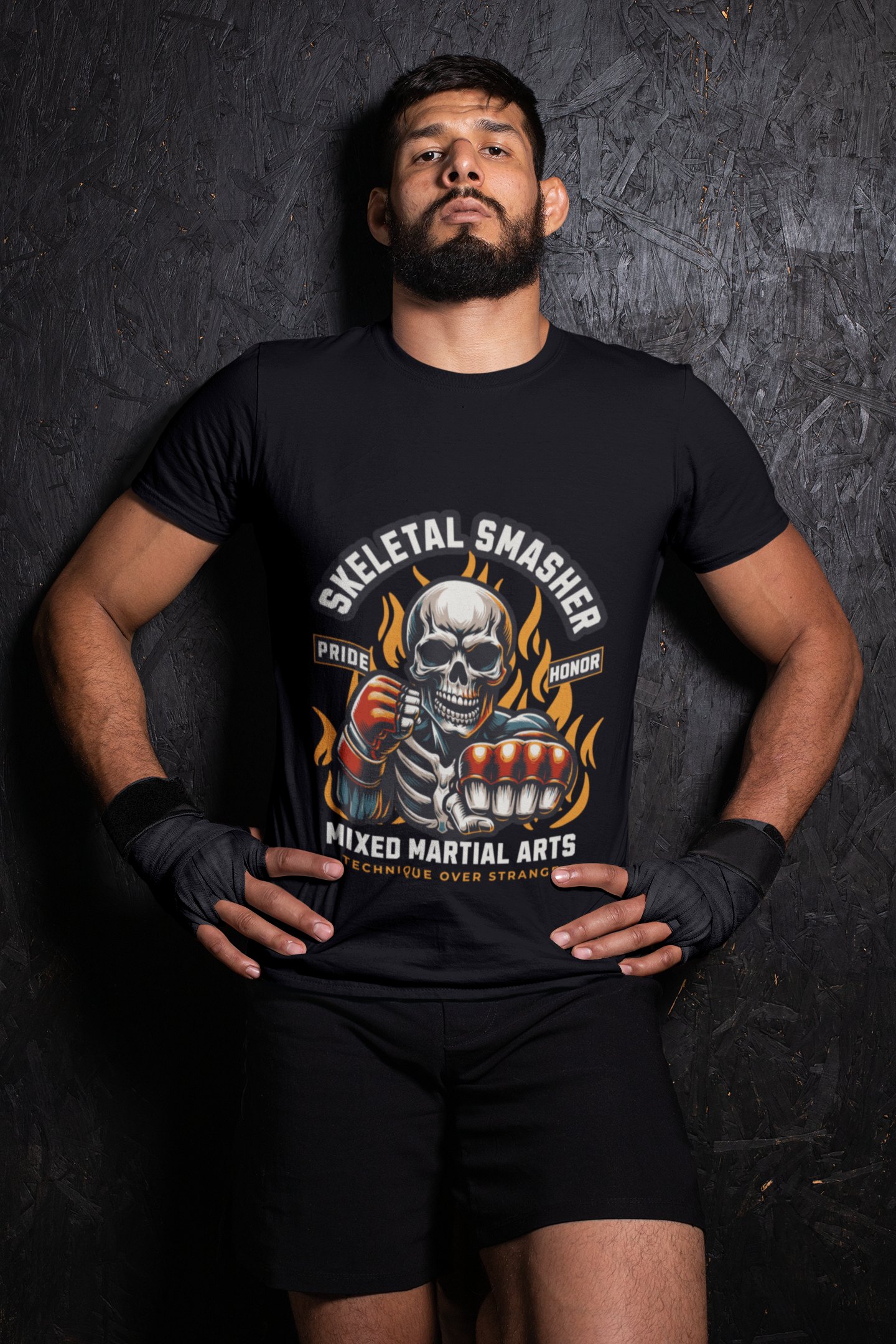 Skeletal Smasher Fight For Glory boxing t-shirt in black, wrestler shot