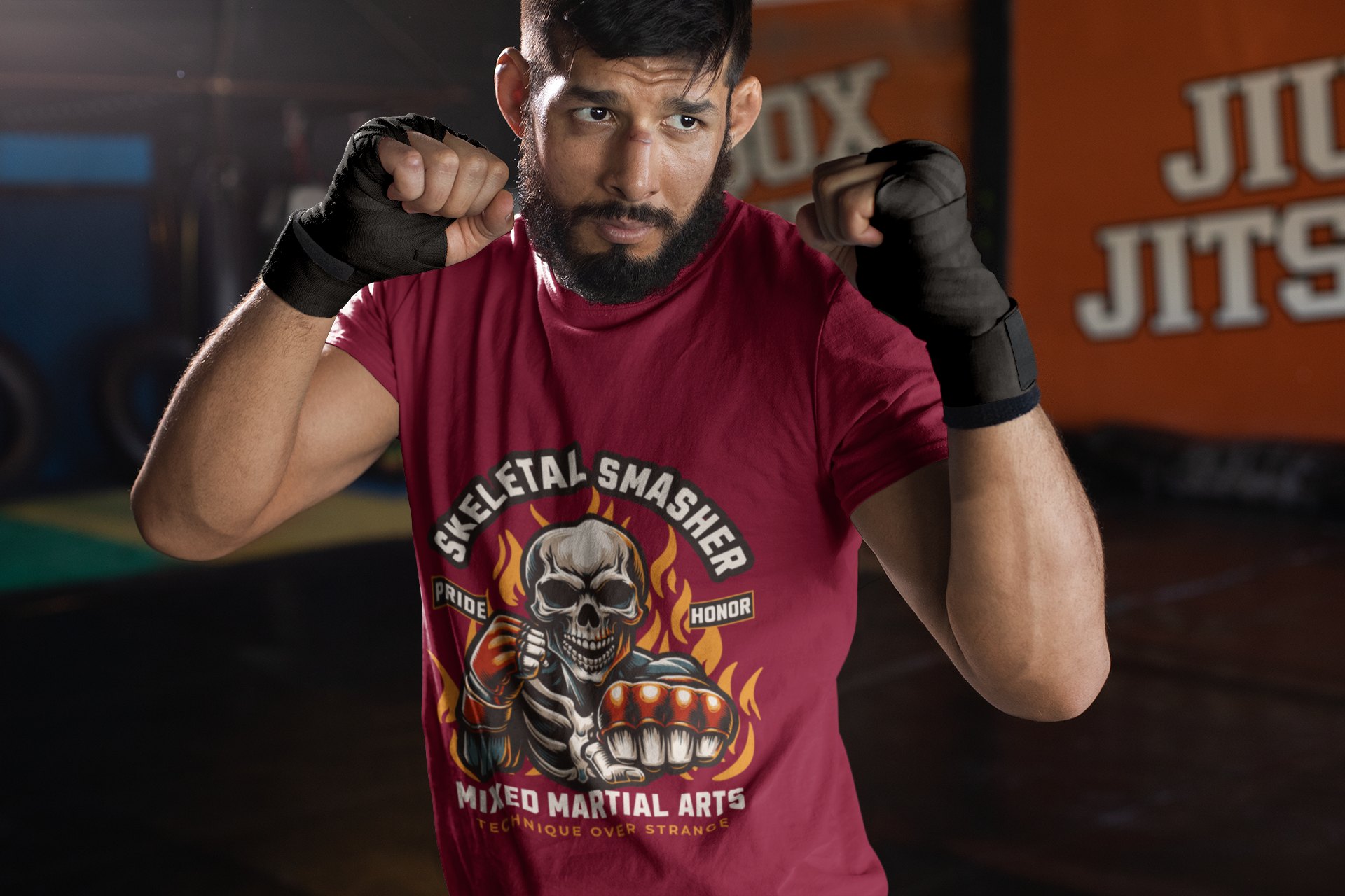 Skeletal Smasher Fight For Glory boxing t-shirt in burgundy, sparring shot