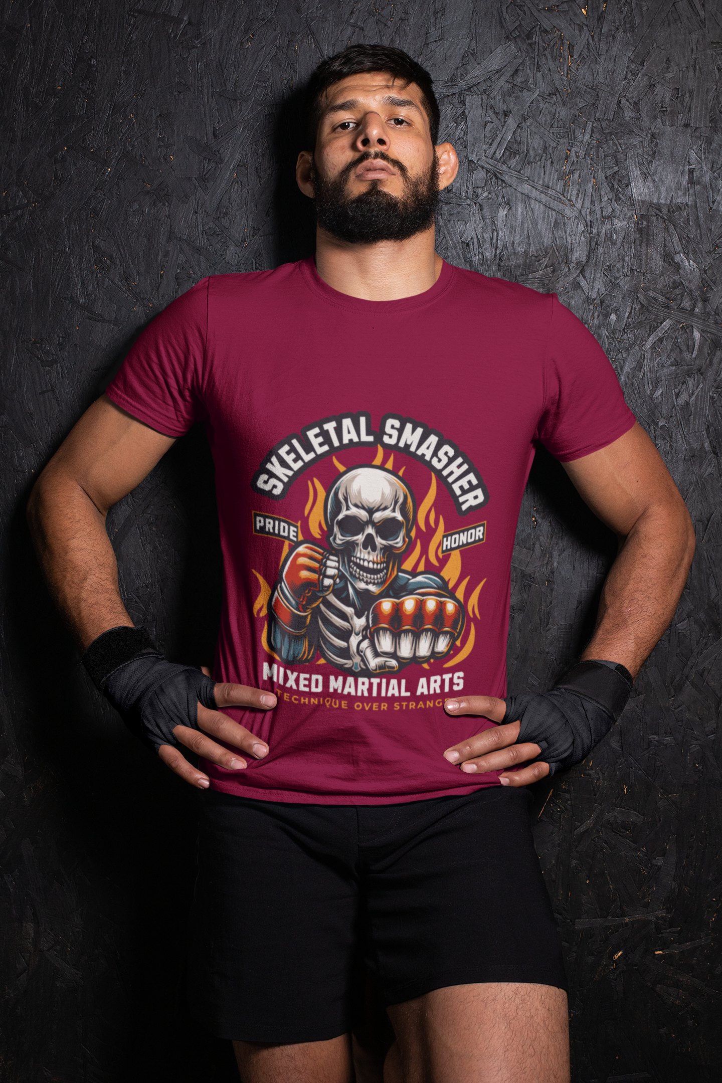 Skeletal Smasher Fight For Glory boxing t-shirt in burgundy, wrestler shot