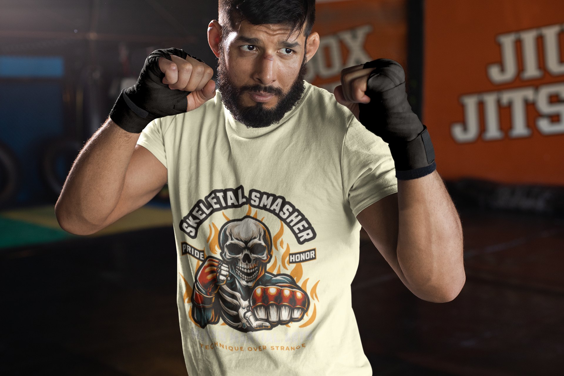 Skeletal Smasher Fight For Glory boxing t-shirt in cream, sparring shot