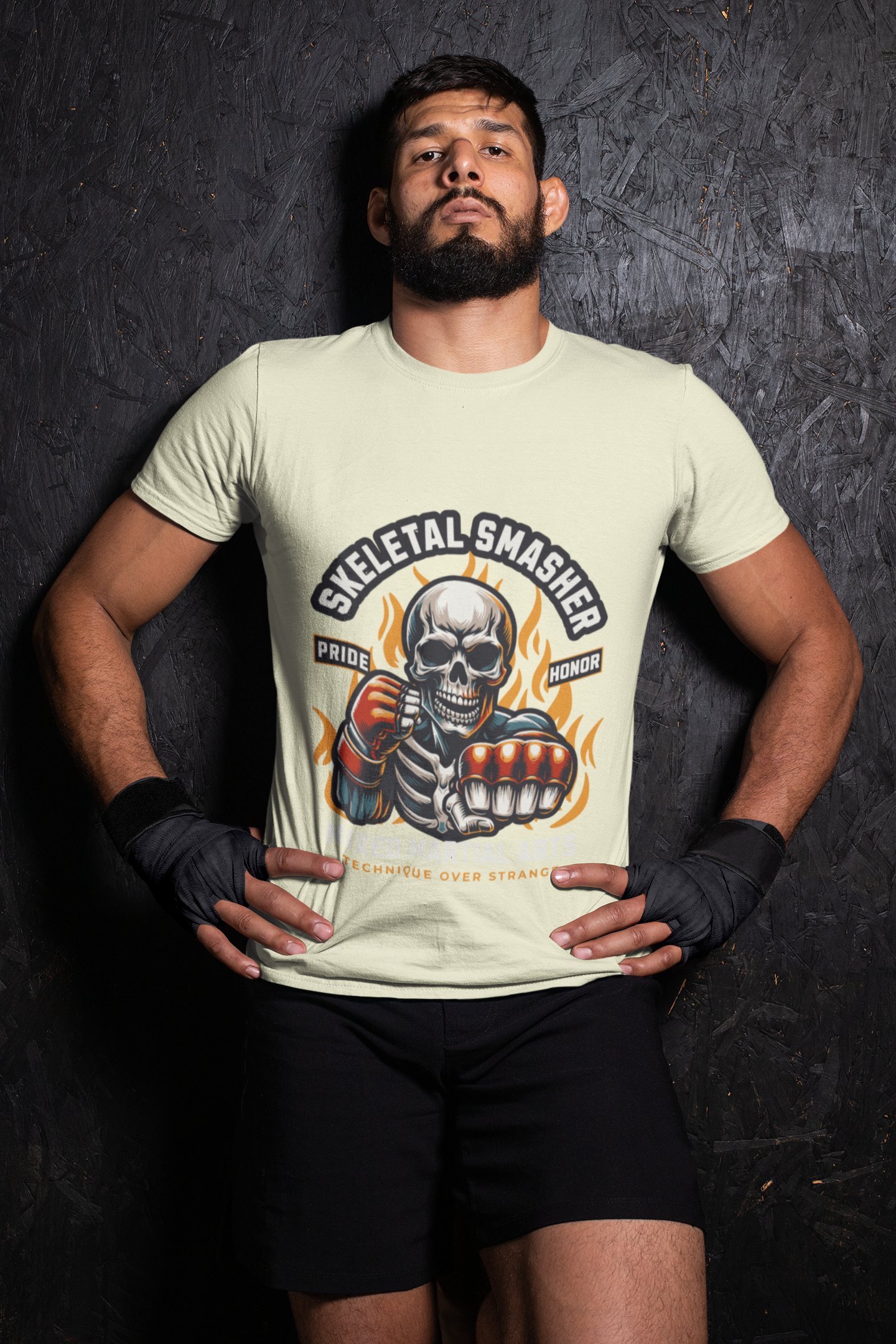 Skeletal Smasher Fight For Glory boxing t-shirt in cream, wrestler shot