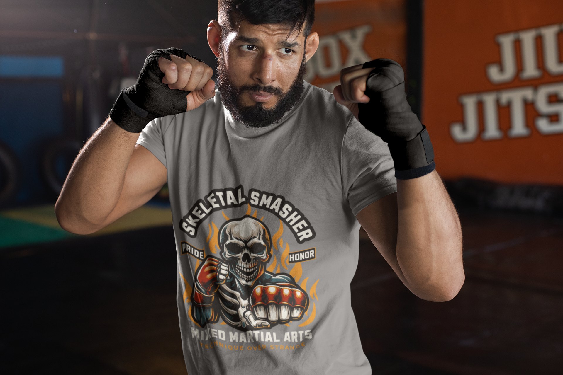 Skeletal Smasher Fight For Glory boxing t-shirt in grey, sparring shot