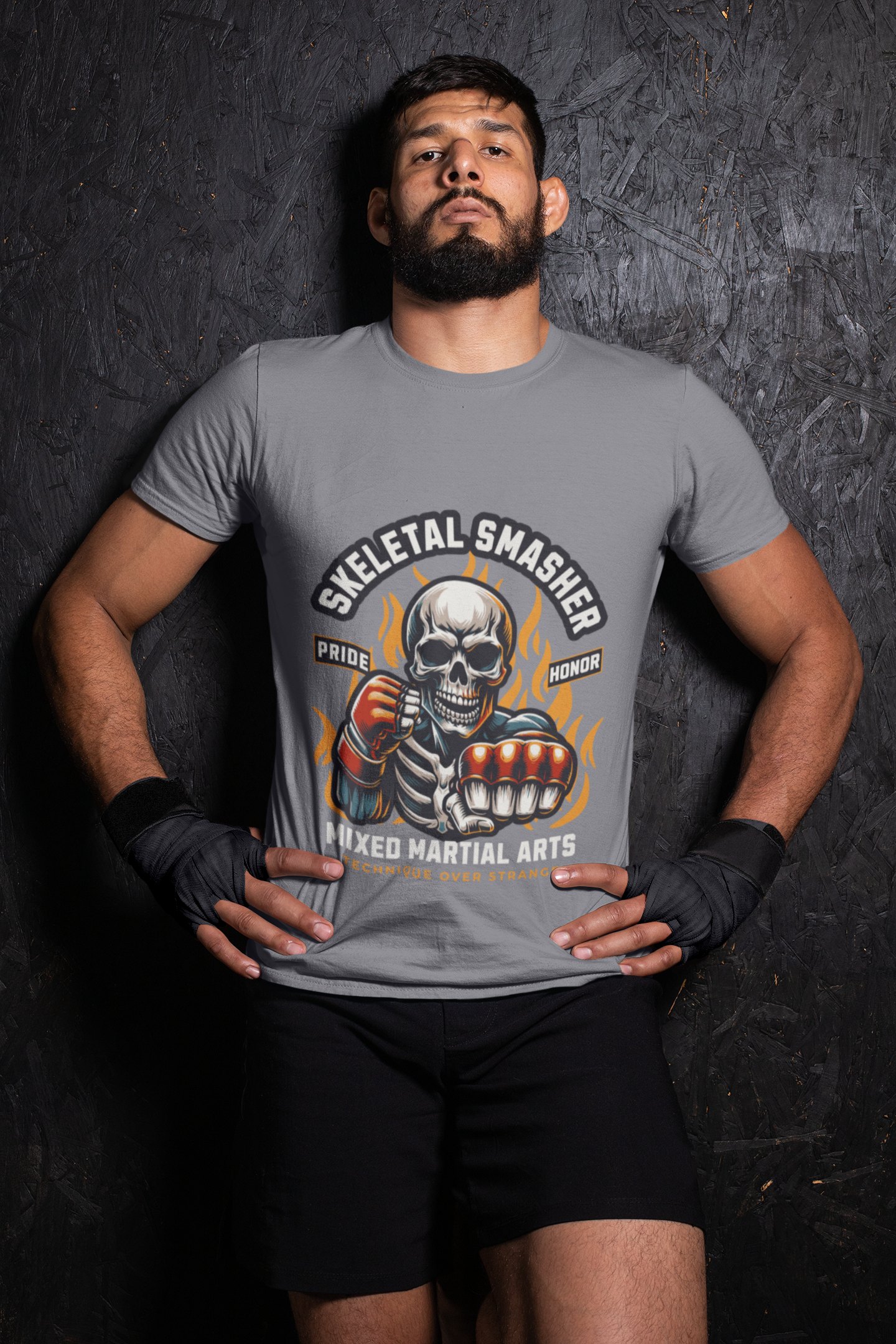 Skeletal Smasher Fight For Glory boxing t-shirt in grey, wrestler shot