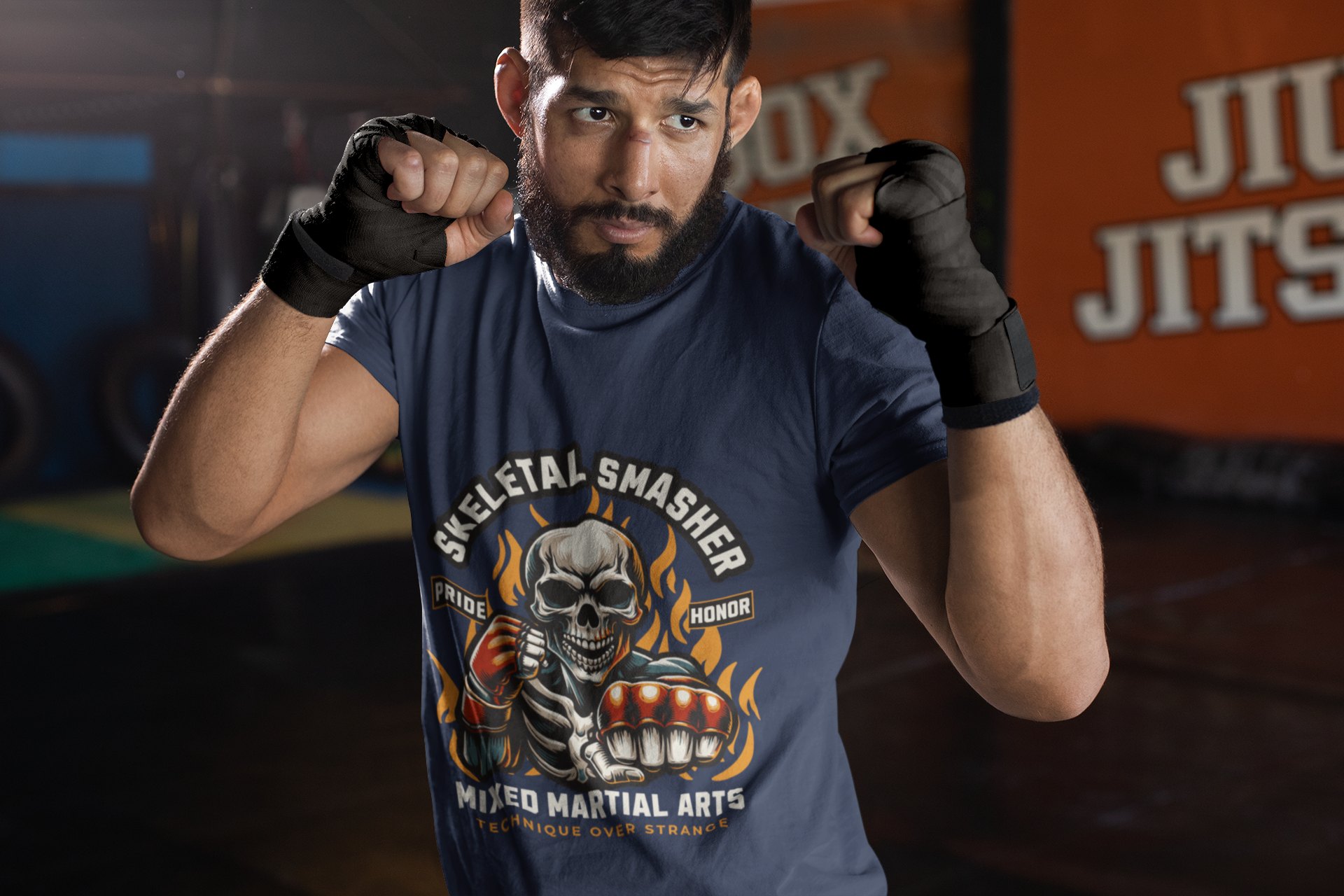 Skeletal Smasher Fight For Glory boxing t-shirt in navy, sparring shot