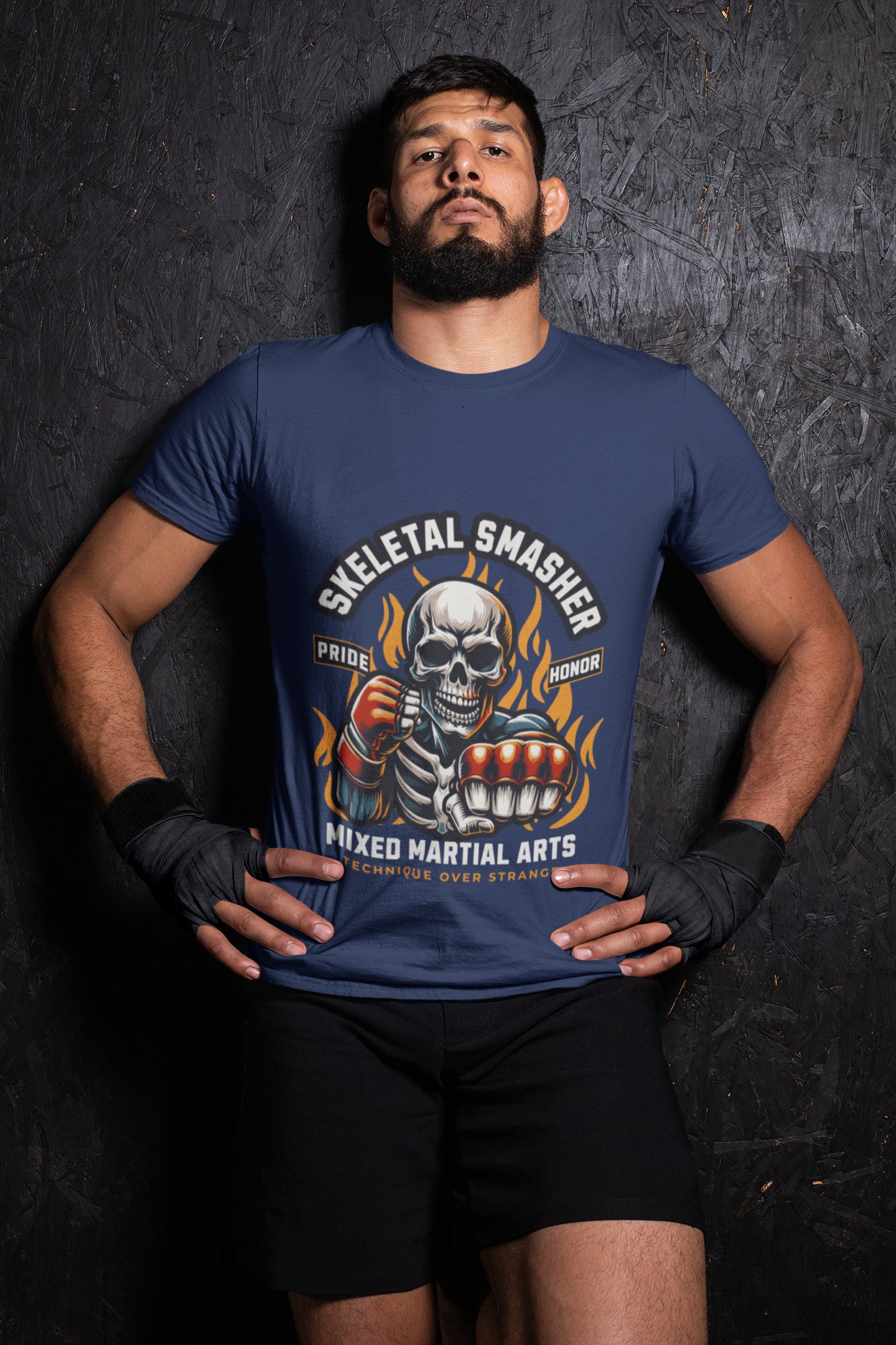 Skeletal Smasher Fight For Glory boxing t-shirt in navy, wrestler shot