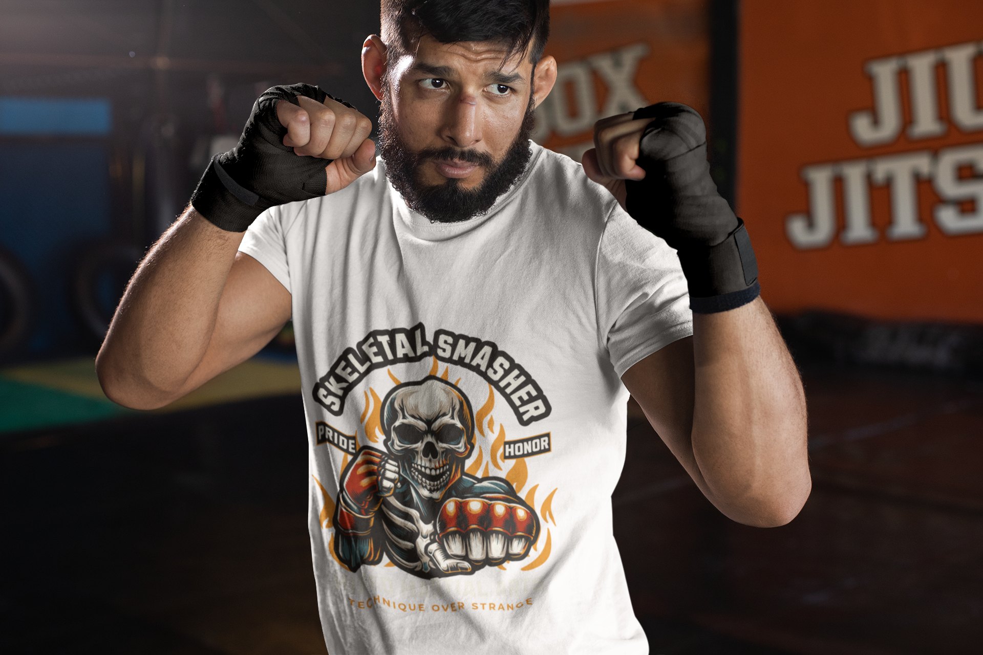 Skeletal Smasher Fight For Glory boxing t-shirt in white, sparring shot