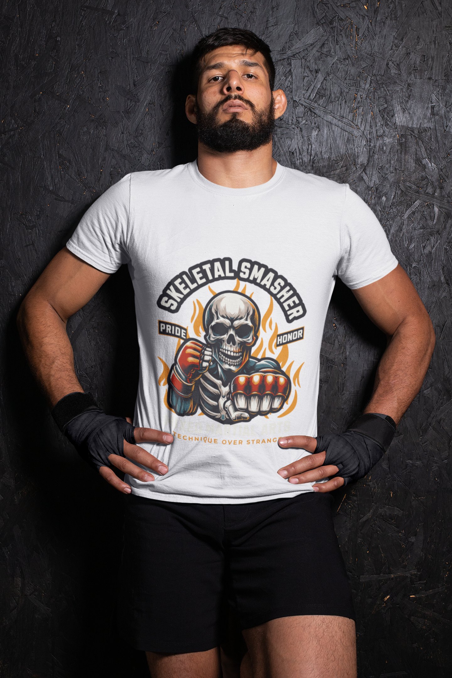 Skeletal Smasher Fight For Glory boxing t-shirt in white, wrestler shot