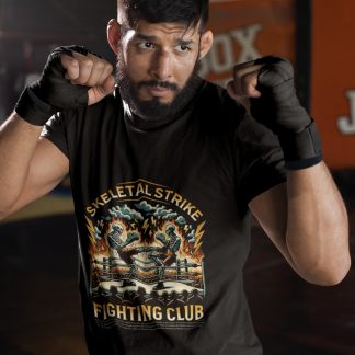 Skeletal Strike Fighting Club boxing t-shirt in black, sparring shot