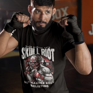 Skull Riot Mixed Martial Arts boxing t-shirt in black, sparring shot