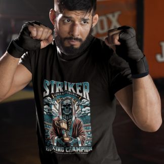 Striker Championship boxing t-shirt in black, sparring shot