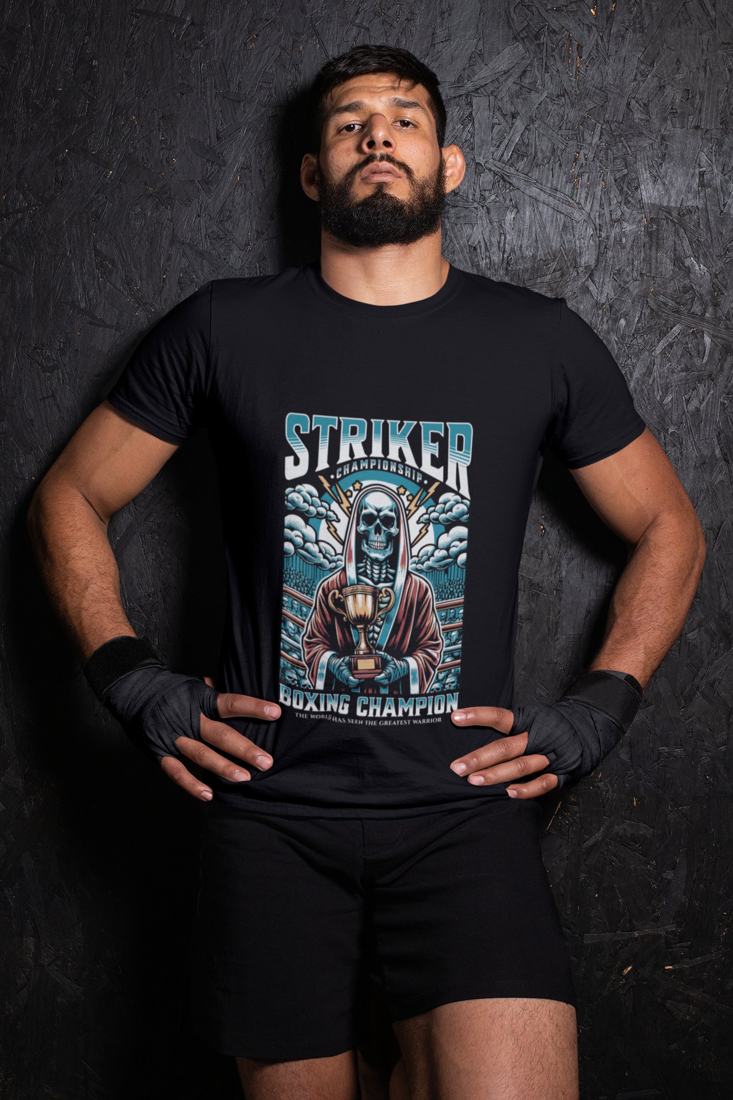 Striker Championship boxing t-shirt in black, wrestler shot