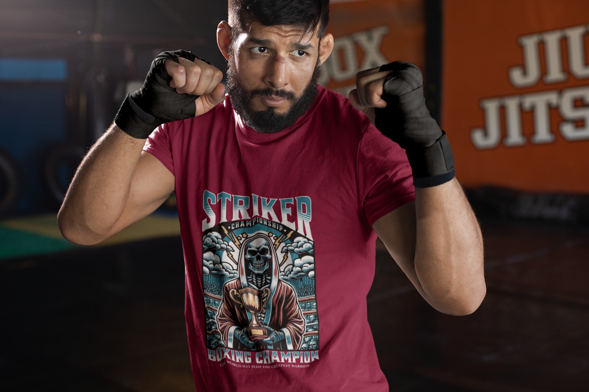 Striker Championship boxing t-shirt in burgundy, sparring shot