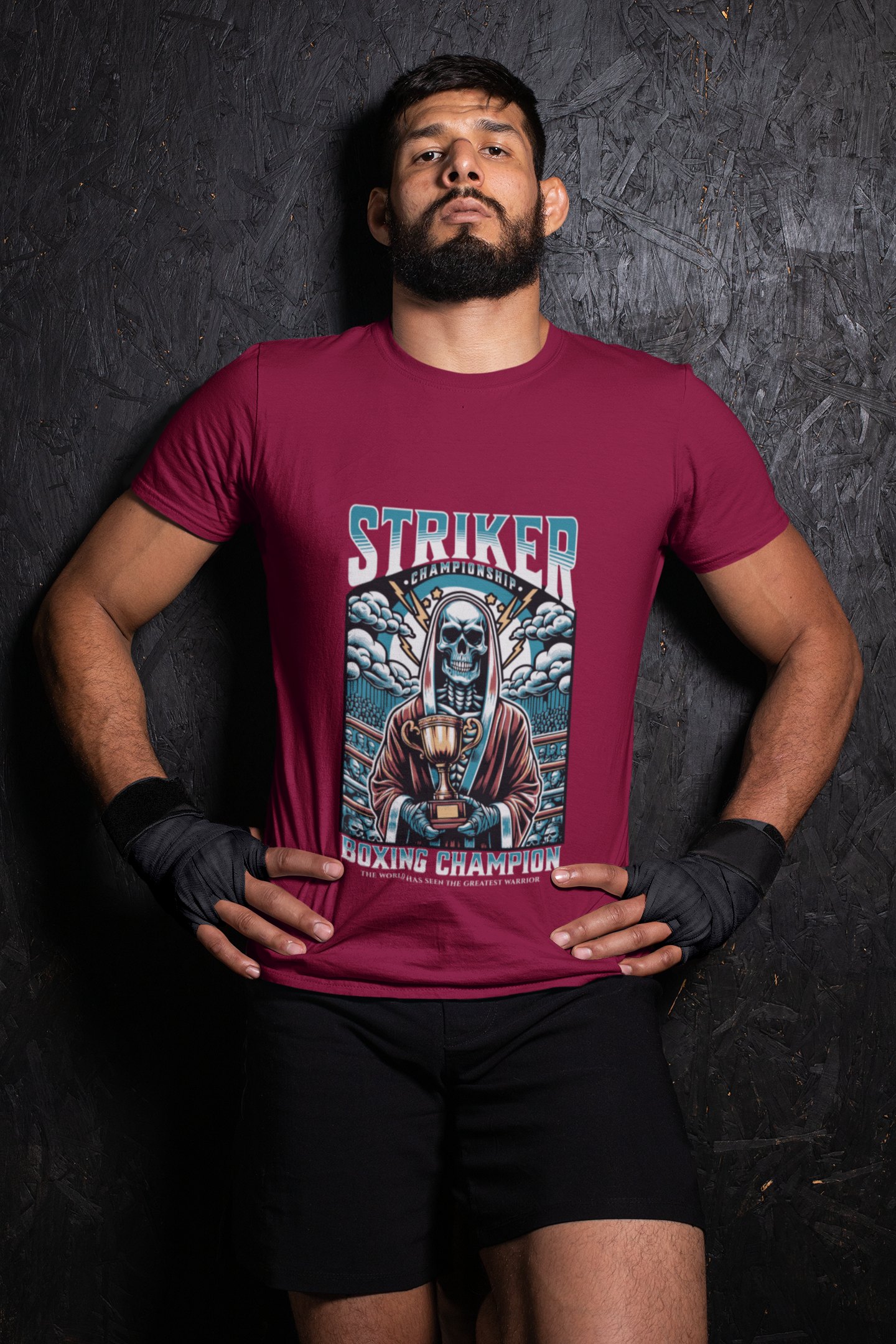 Striker Championship boxing t-shirt in burgundy, wrestler shot