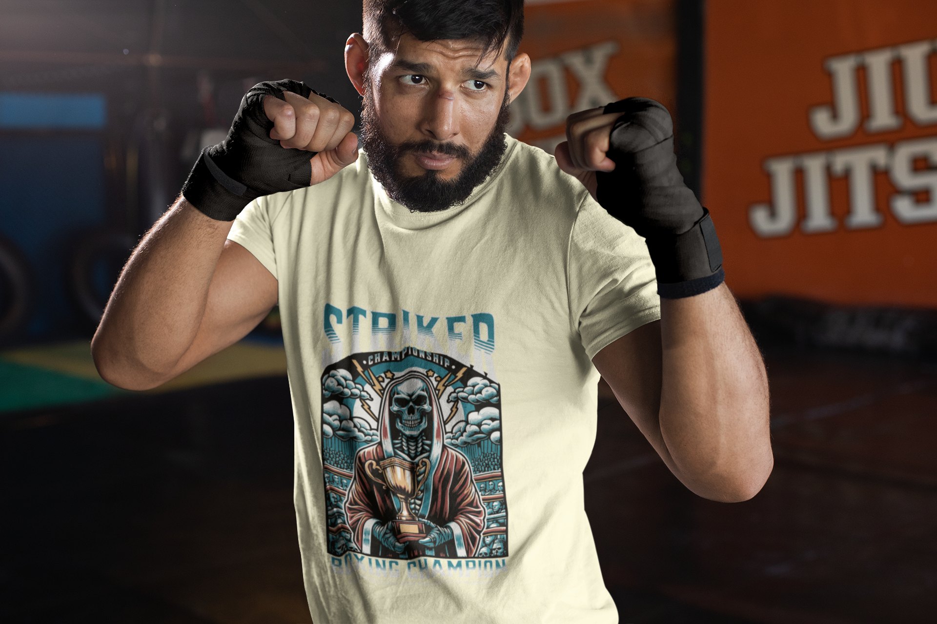 Striker Championship boxing t-shirt in cream, sparring shot