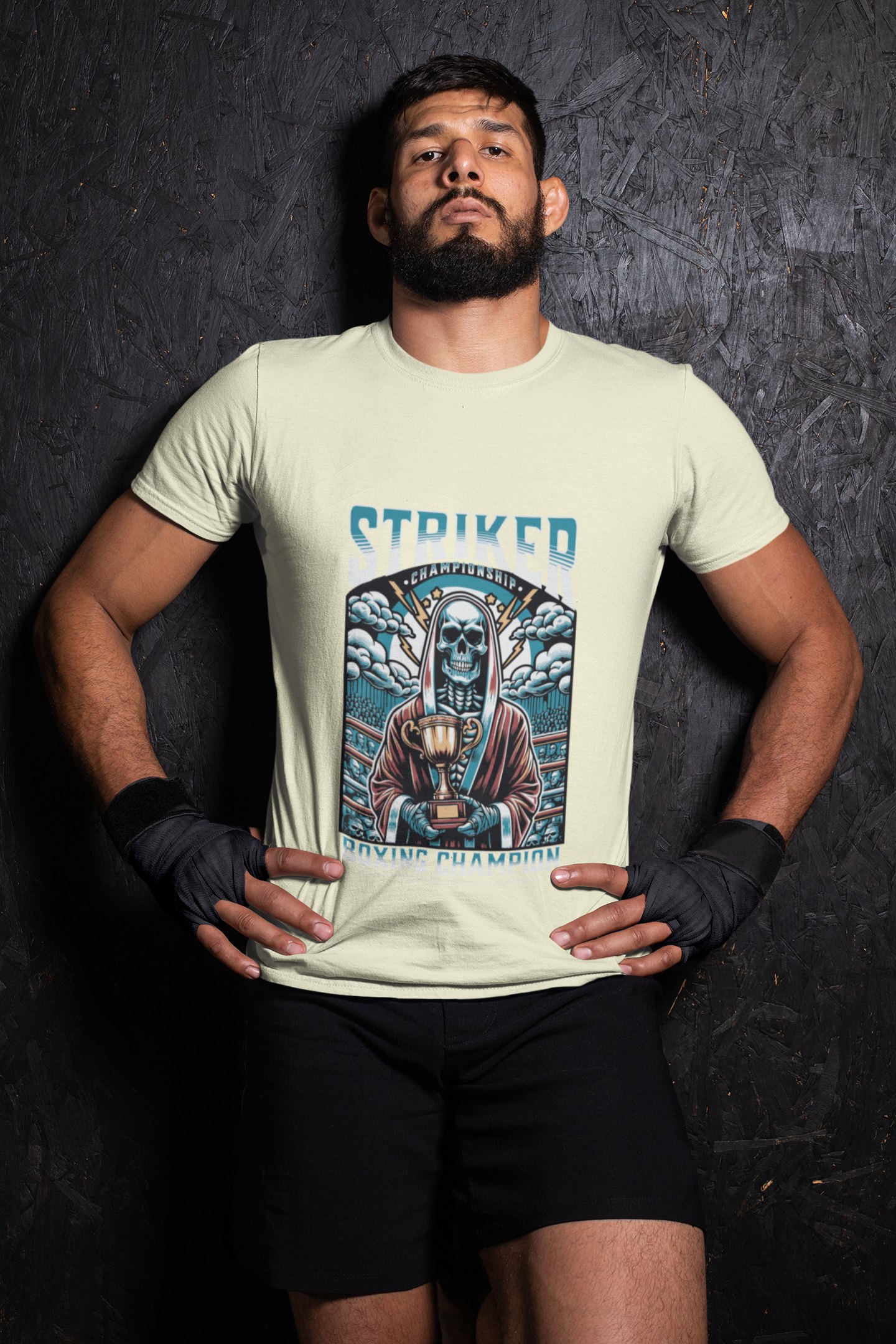 Striker Championship boxing t-shirt in cream, wrestler shot