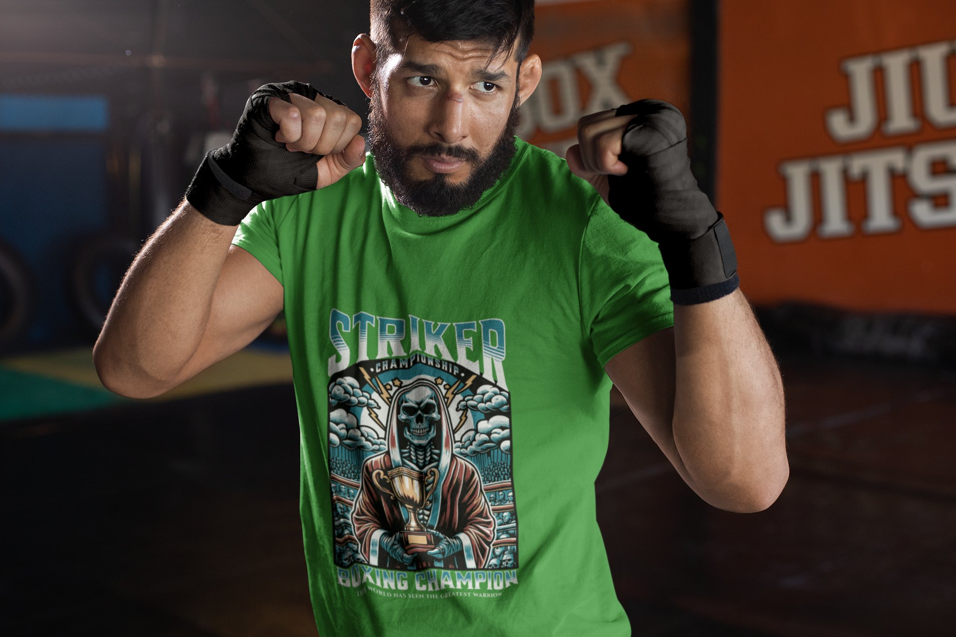 Striker Championship boxing t-shirt in forest green, sparring shot
