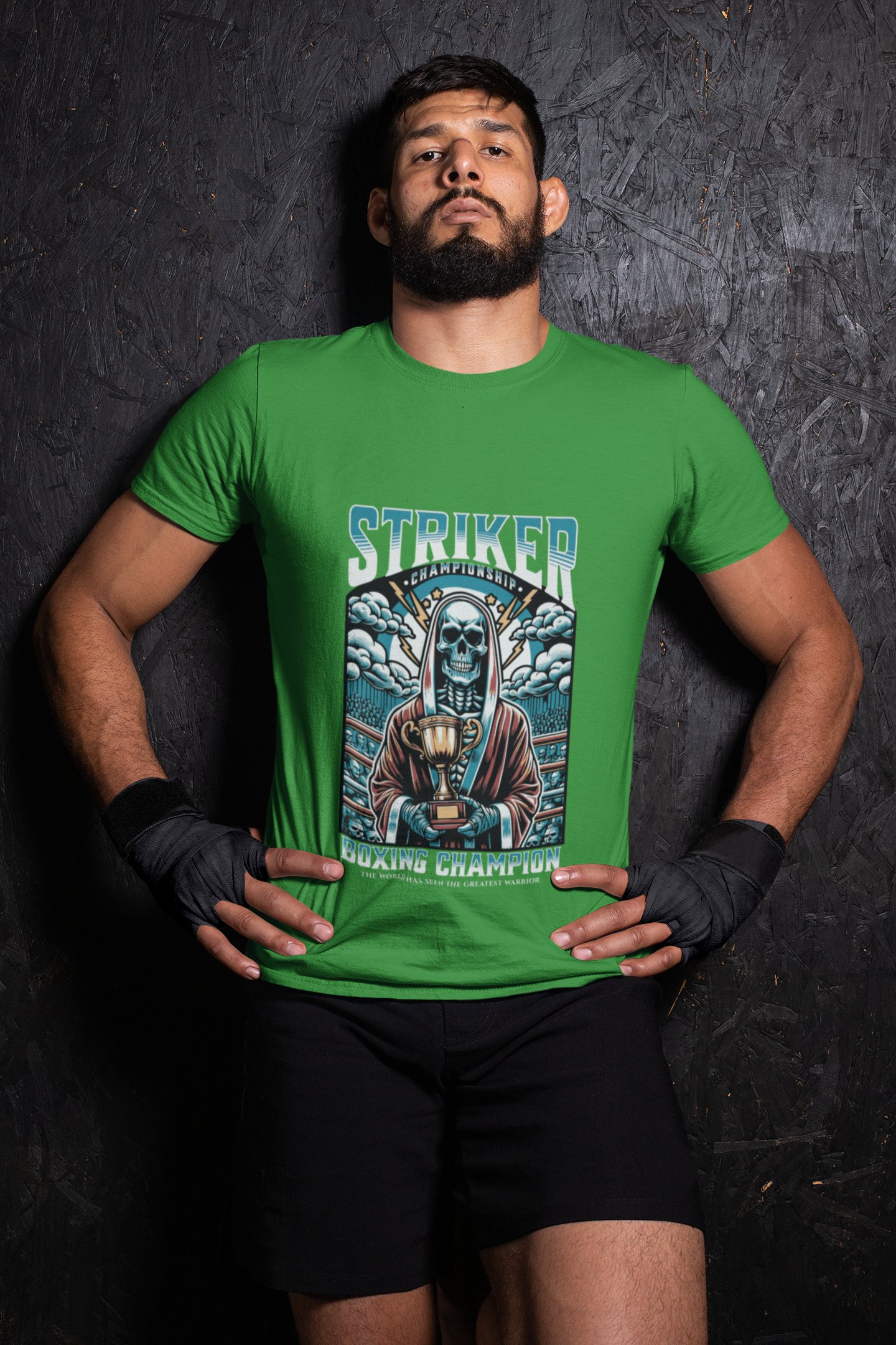 Striker Championship boxing t-shirt in forest green, wrestler shot