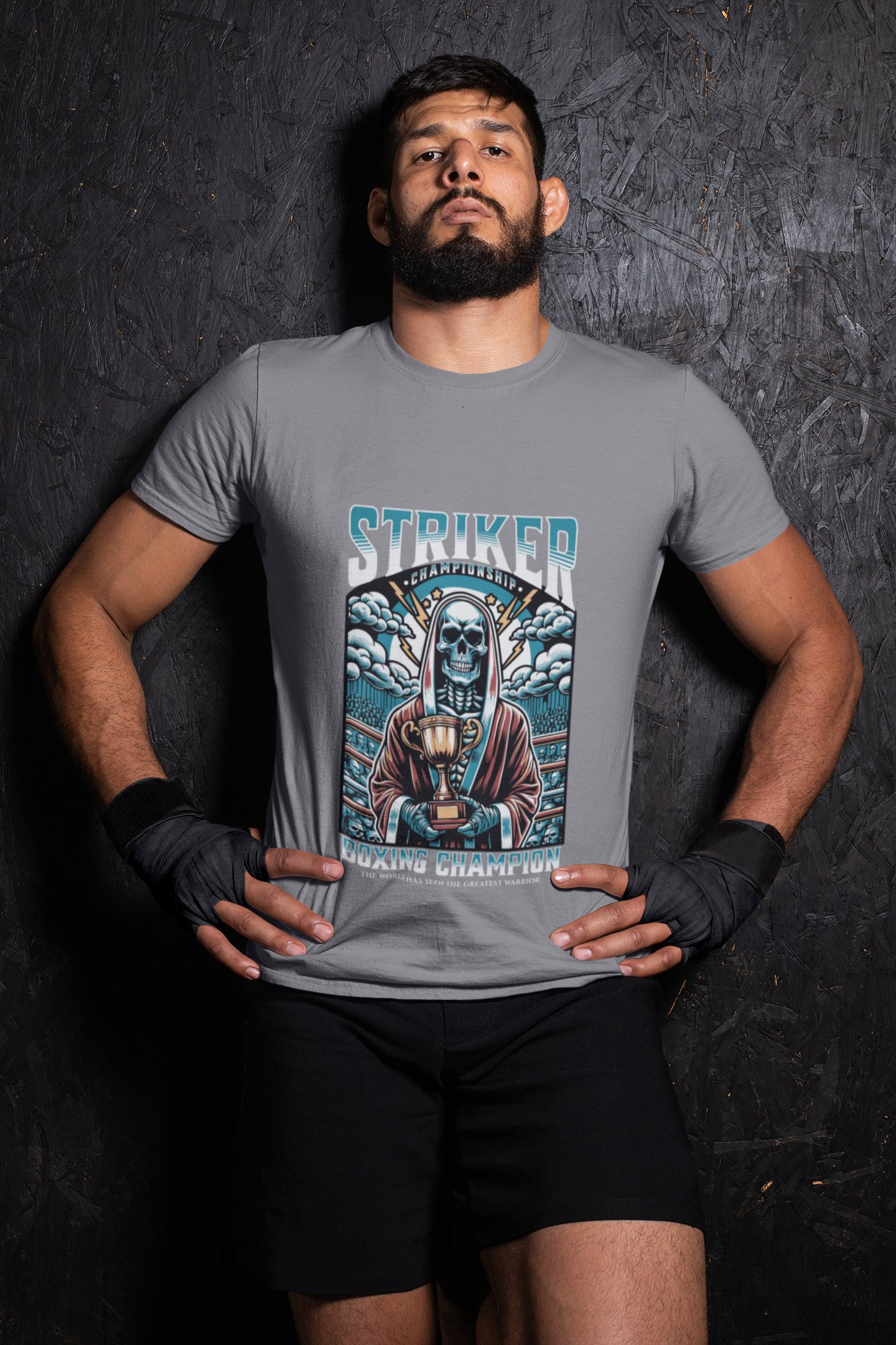 Striker Championship boxing t-shirt in grey, wrestler shot