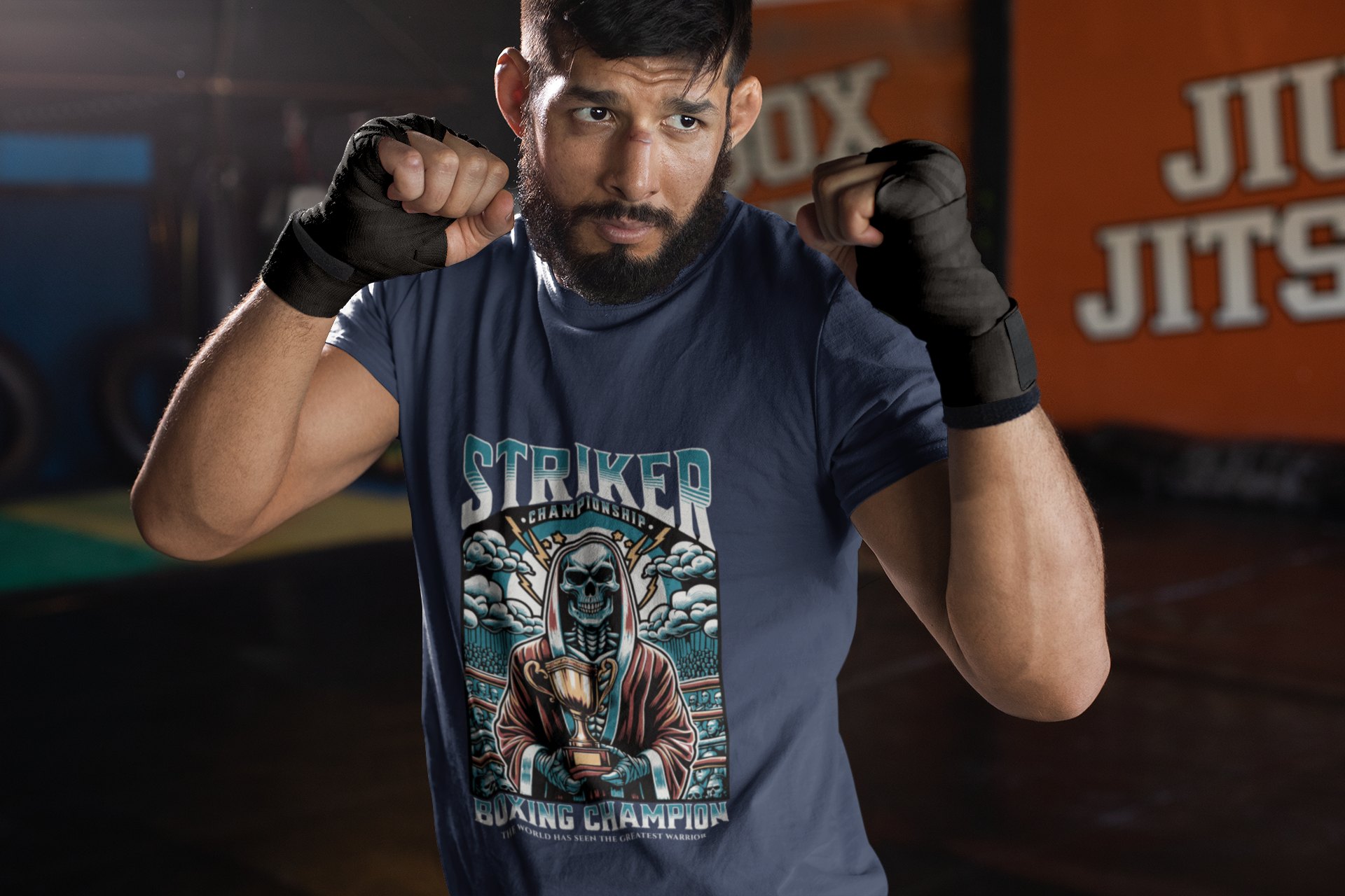 Striker Championship boxing t-shirt in navy, sparring shot