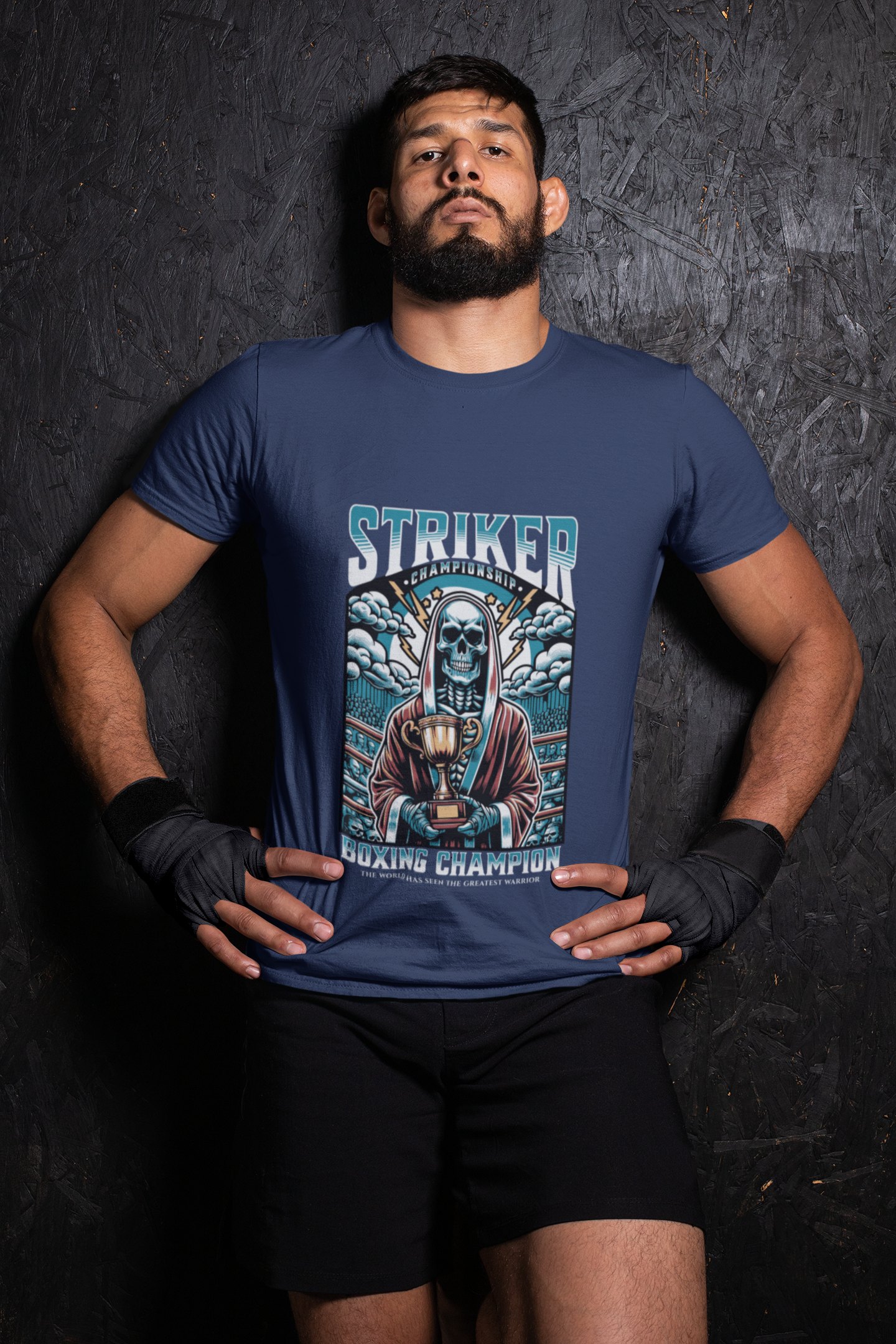 Striker Championship boxing t-shirt in navy, wrestler shot