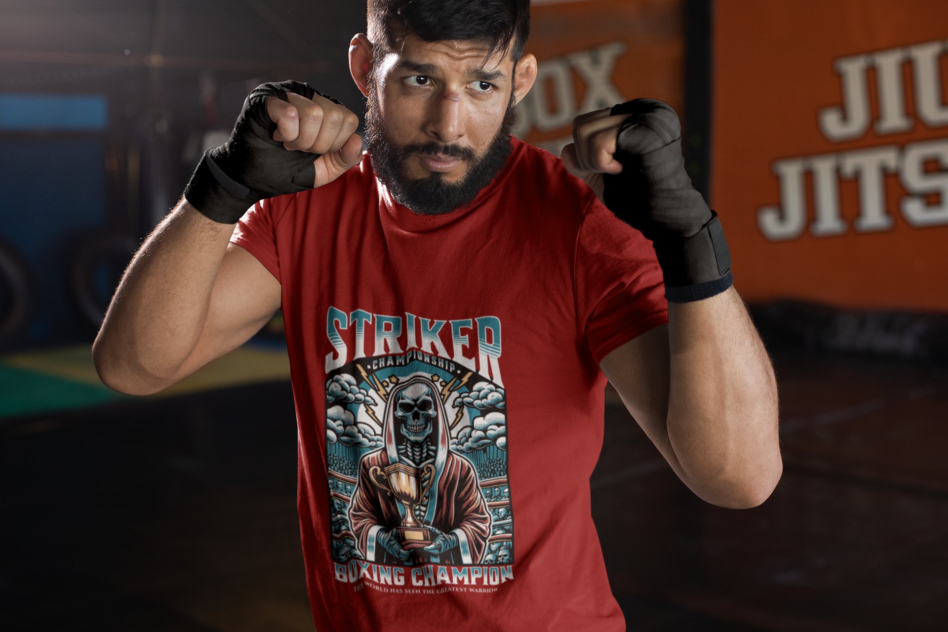 Striker Championship boxing t-shirt in red, sparring shot
