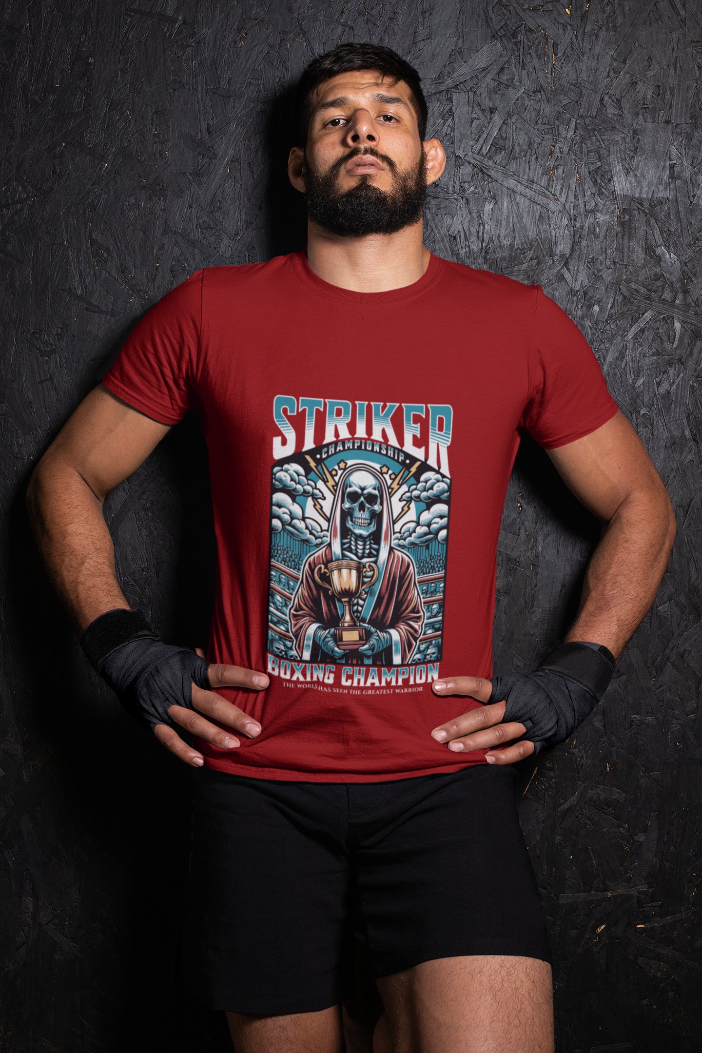 Striker Championship boxing t-shirt in red, wrestler shot