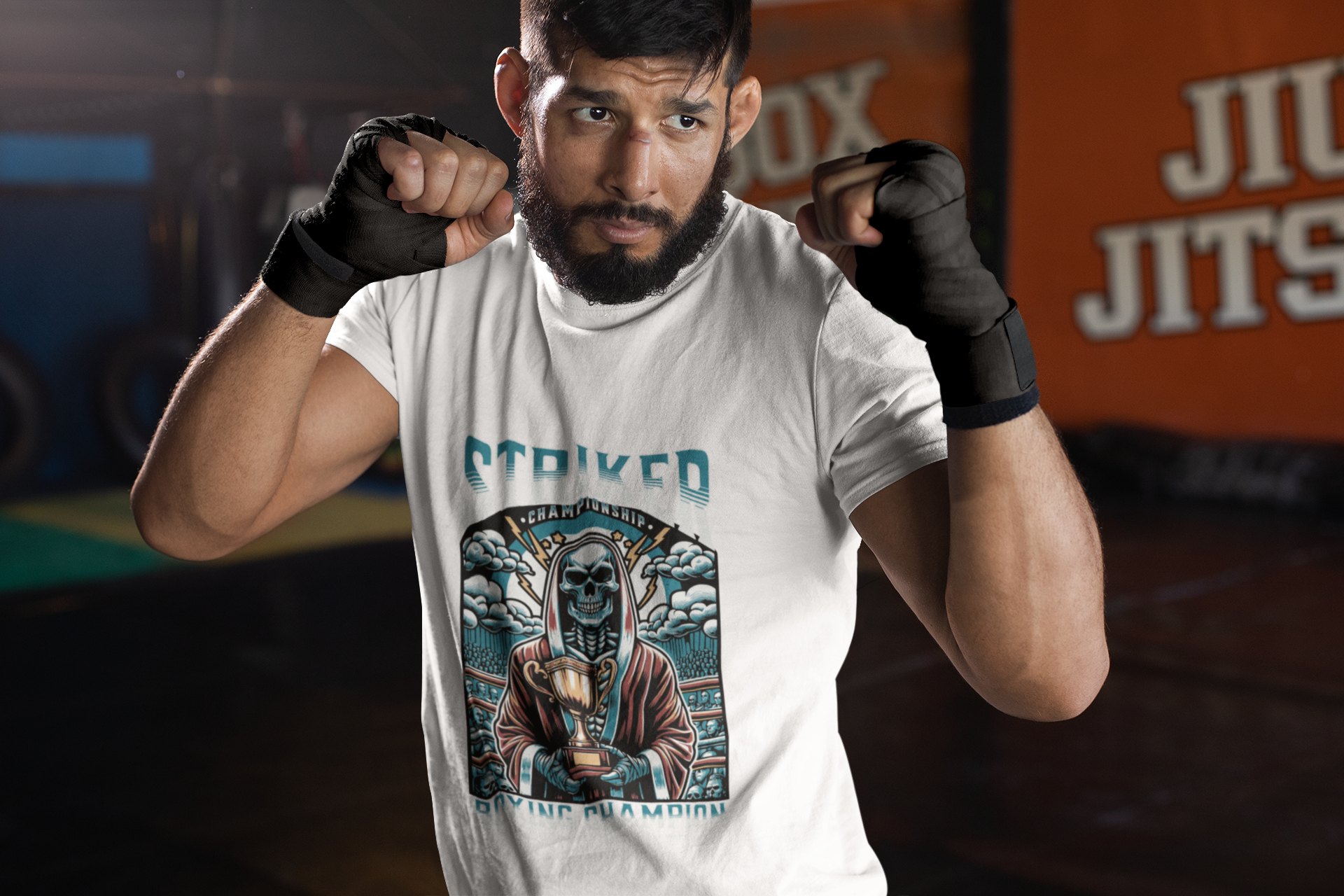 Striker Championship boxing t-shirt in white, sparring shot