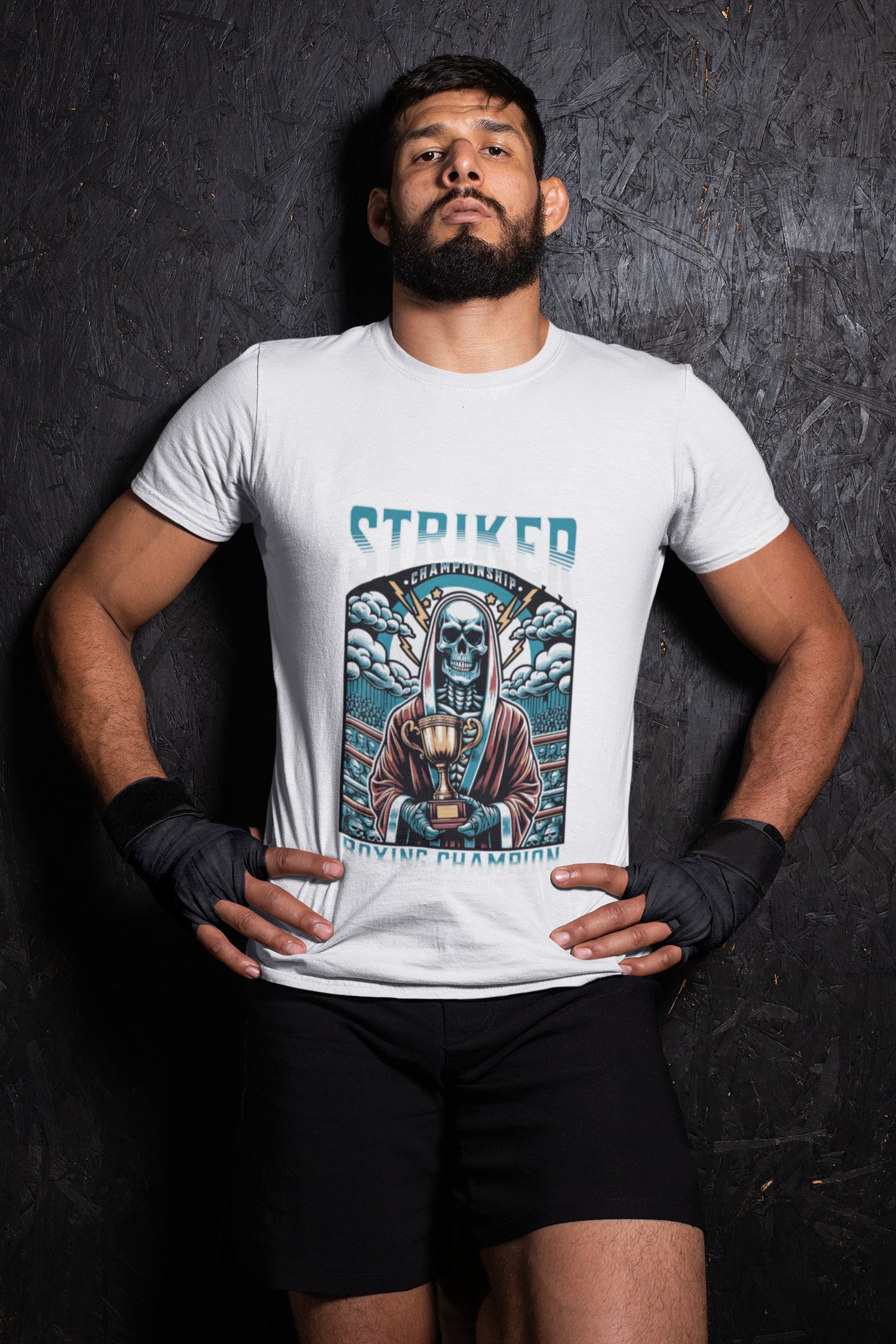 Striker Championship boxing t-shirt in white, wrestler shot