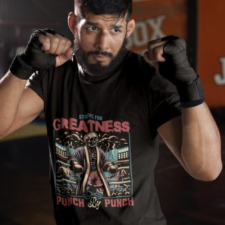 Strive For Greatness Punch boxing t-shirt in black, sparring shot